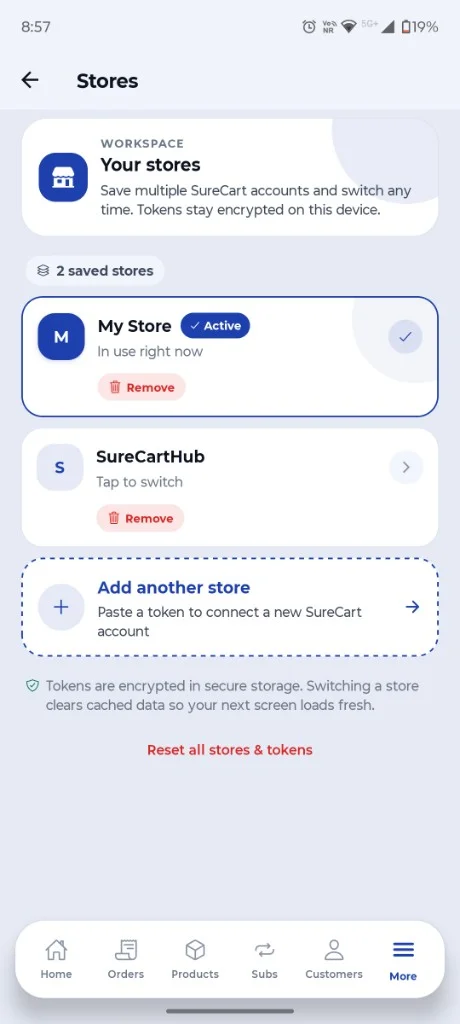 Managing multiple stores SureCartHub Stores screen with active and saved stores, add store option and security note