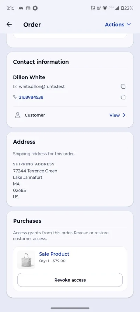 Viewing order details SureCartHub order detail showing contact information, shipping address and purchases