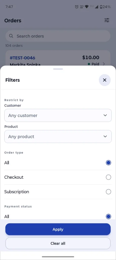 Filtering orders & subscriptions SureCartHub Orders screen with the filter sheet open showing customer, product, order type and payment status options