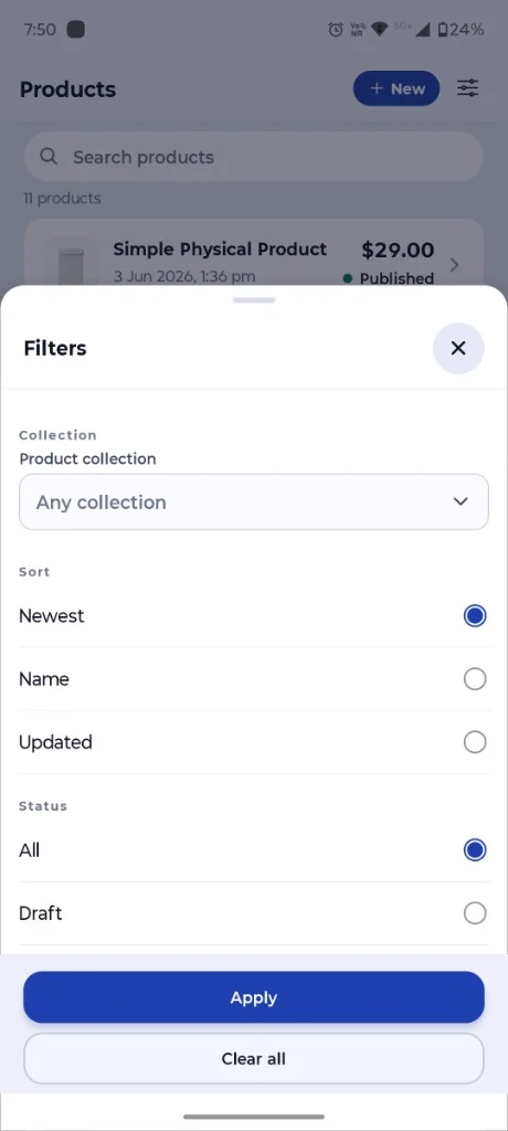 Filtering orders & subscriptions SureCartHub Products filter sheet with collection, sort and status options
