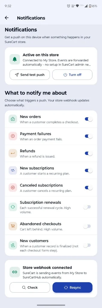 Push notifications SureCartHub Notifications settings with event toggles, test push and store webhook status