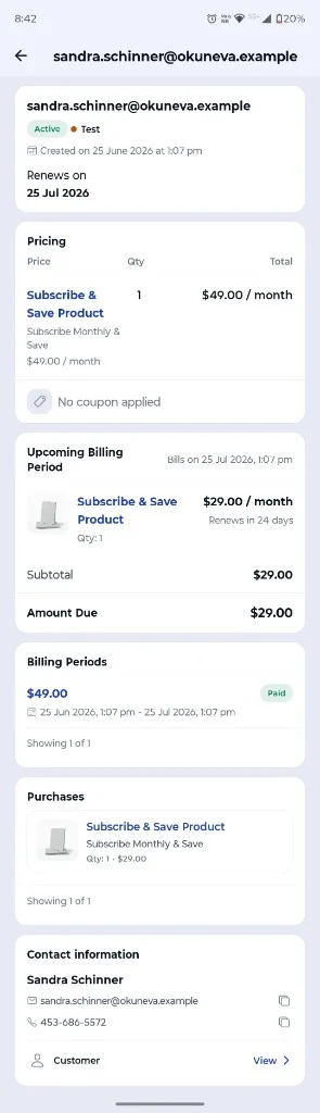 Viewing subscription details SureCartHub subscription detail showing status, pricing, upcoming billing, billing periods, purchases and contact information