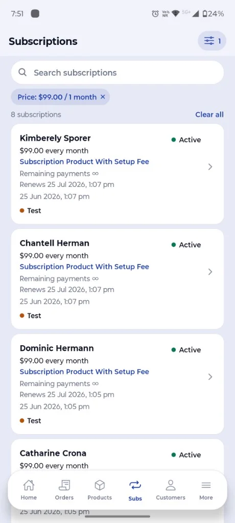 Filtering orders & subscriptions SureCartHub Subscriptions list with an active price filter tag and filtered results