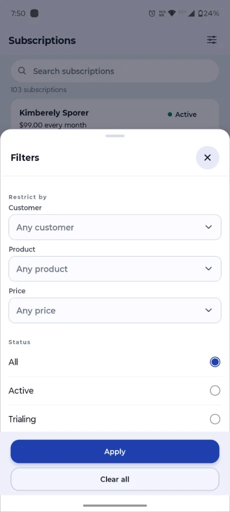 Filtering orders & subscriptions SureCartHub Subscriptions filter sheet with customer, product, price and status options