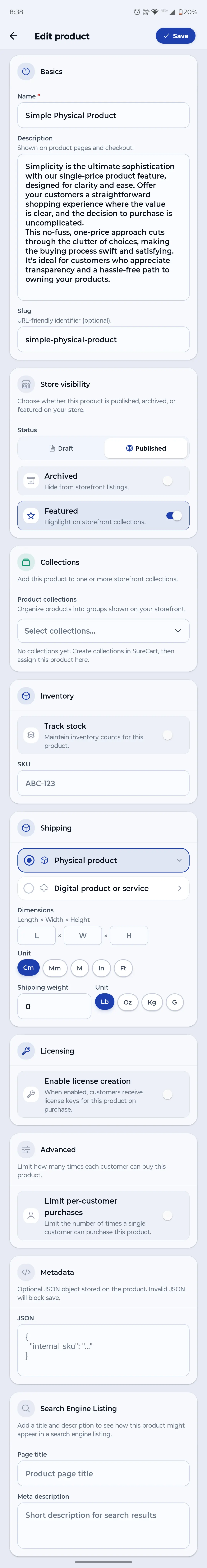 SureCartHub Edit product screen with basics, visibility, inventory, shipping and licensing sections