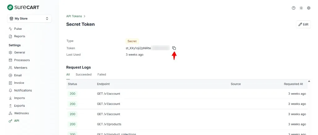 SureCart Secret Token detail page with the copy-to-clipboard icon highlighted